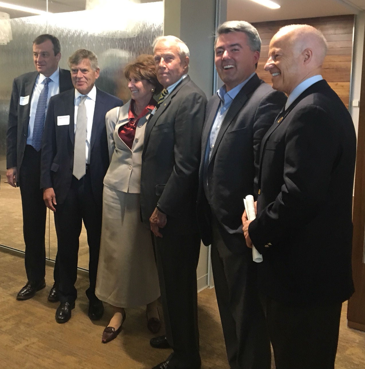 John Reilly, Jr., Dean of CU School of Medicine, Chancellor Don Elliman, CU Vice President for Health Affairs Lilly Marks, CU President Bruce Benson, Senator Cory Gardner, and Congressman Mike Coffman