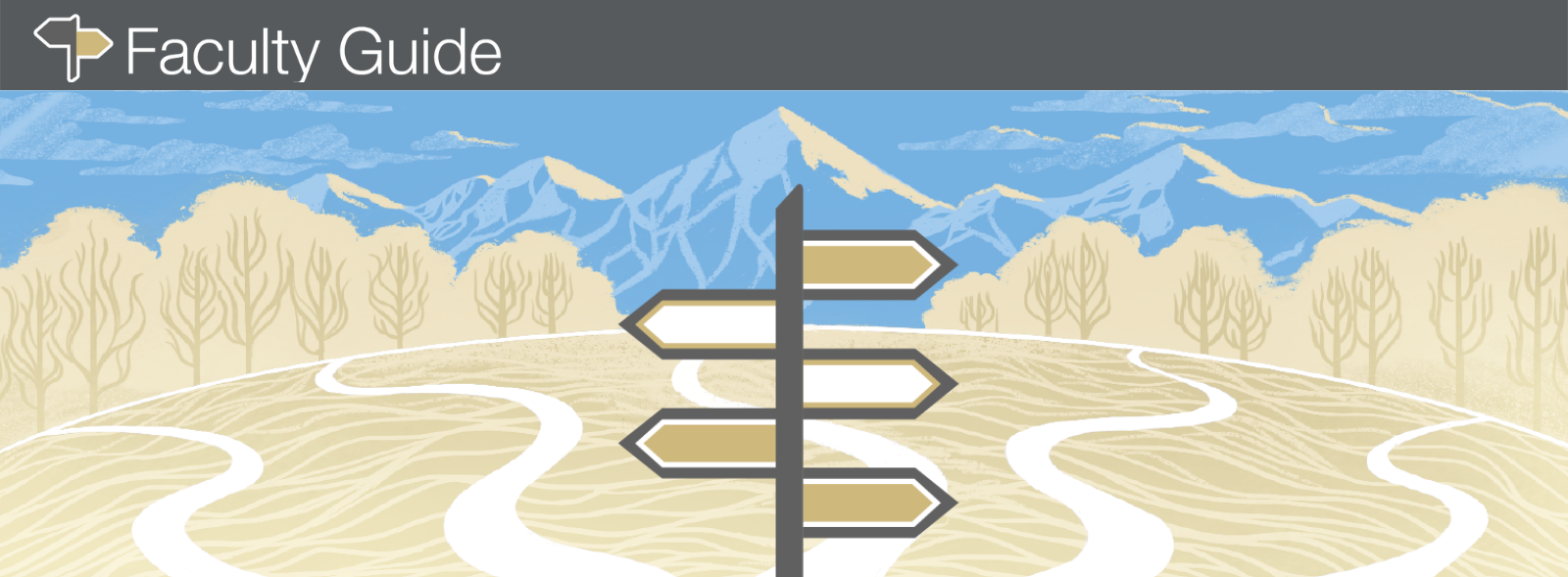 guidepost in gold and grey with blue mountains in the background and gold ground