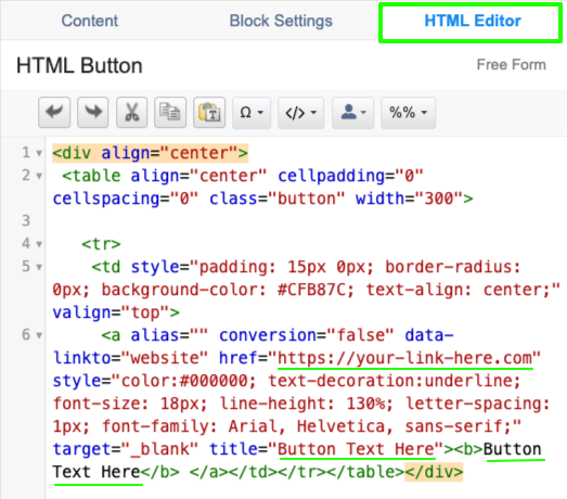 Update the link, title, and button text. The link must contain http:// or https:// to work.