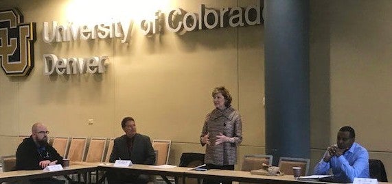 CU Denver Chancellor Dorothy Horrell speaks during the climate and security roundtable hosted by Congressman Neguse 
