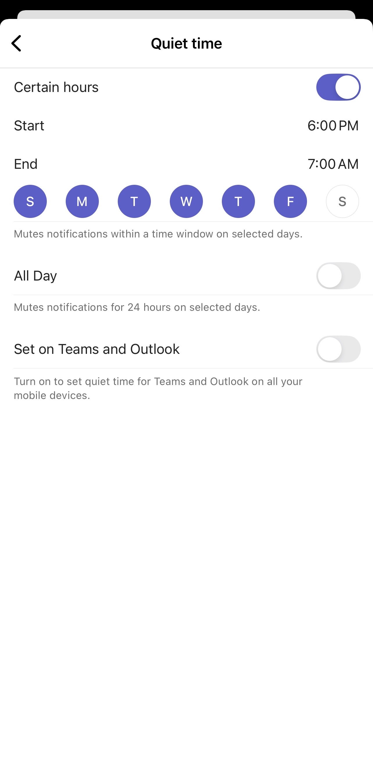 The Quiet Time menu, with Certain hours selected and the days Sunday through Friday are selected