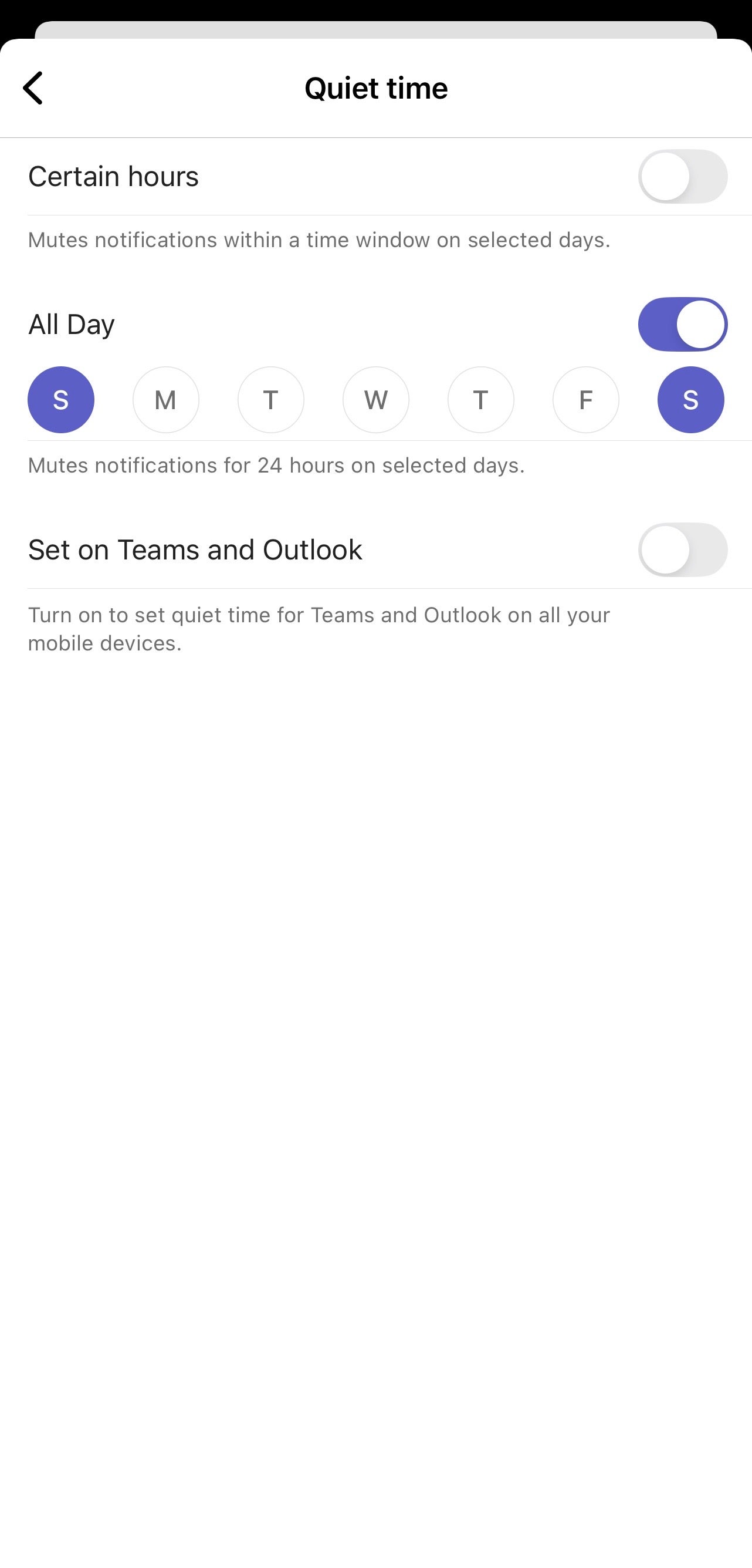 The Quiet Time menu, with All Day selected. The days Saturday and Sunday are highlighted.