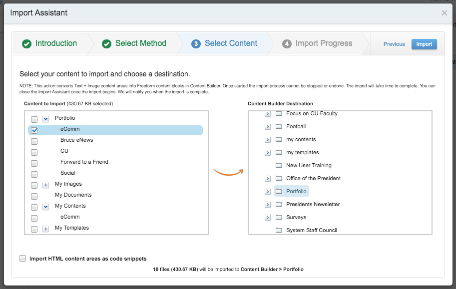 Import Assistant Select Content Tab Import Assistant Select Content Tab