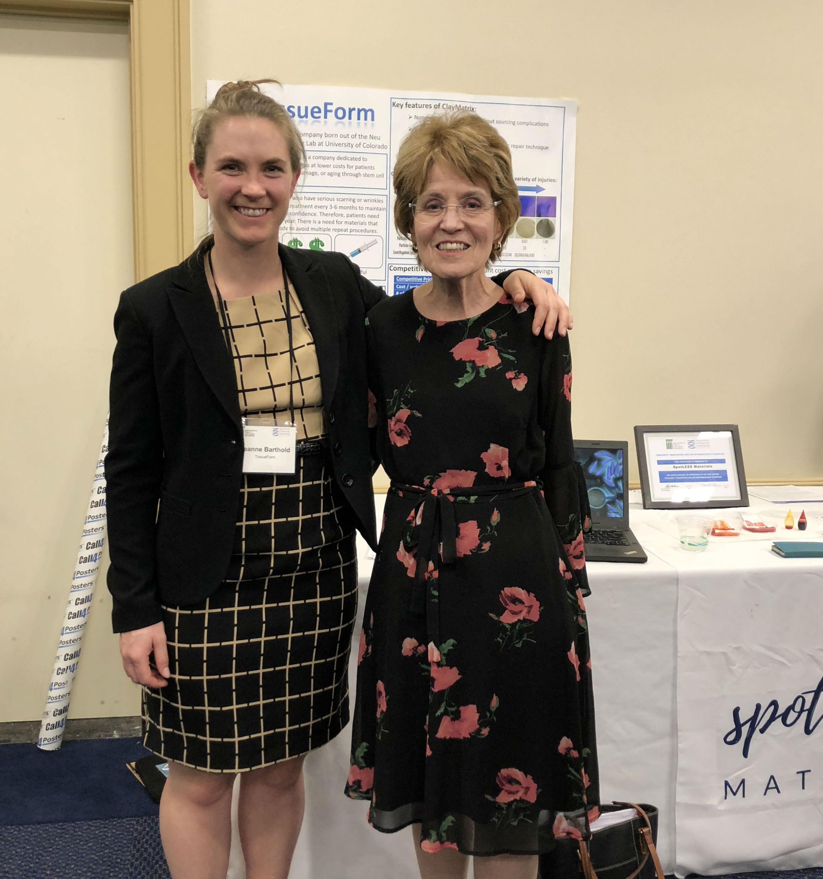 Jeanne Barthould, founder of TissueForm, and AAU President Mary Sue Coleman at the University Innovation & Entrepreneuership Showcase in DC Jeanne Barthould, founder of TissueForm, and AAU President Mary Sue Coleman at the University Innovation & Entrepreneuership Showcase in DC