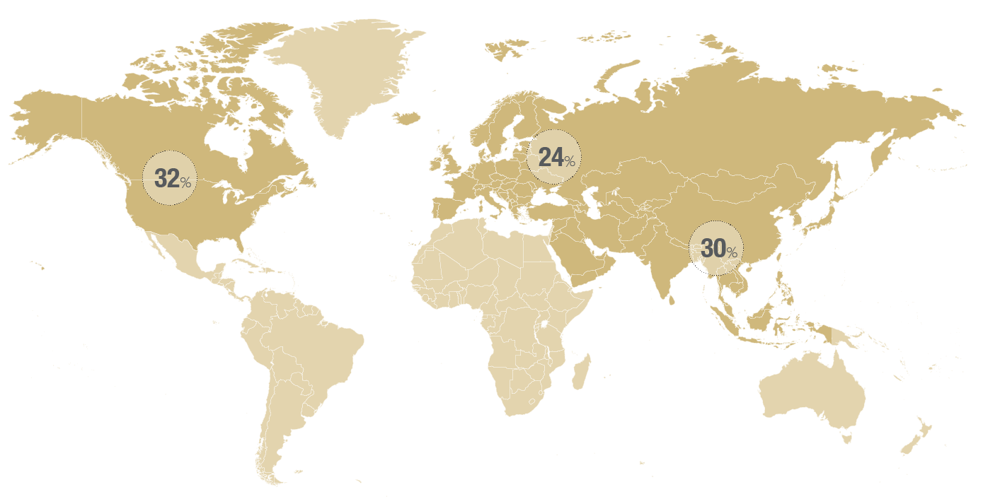 World Map showing 32% U.S. users, 24% Europe users, 30% Asia users