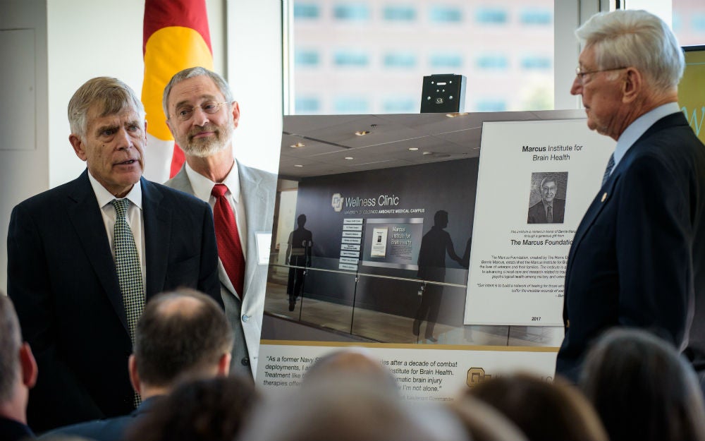 CU Anschutz Medical Campus Chancellor Don Elliman, Dr. James P. Kelly, and philanthropist Bernard Marcus