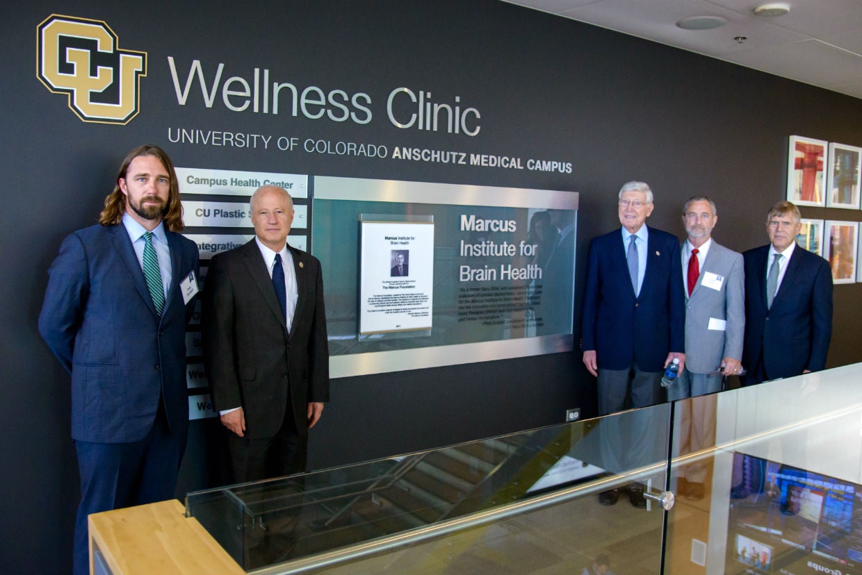 Pete Scobell, retired Navy SEAL; Congressman Mike Coffman, philanthropist Bernard Marcus, Dr. James P. Kelly, and CU Anschutz Medical Campus Chancellor Don Elliman