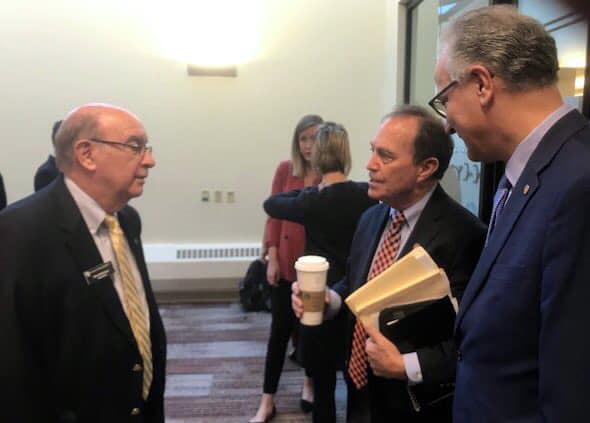 CU Boulder Chancellor Phil DiStefano talks with Congressman Ed Perlmutter and CU President Mark Kennedy at the Field Hearing