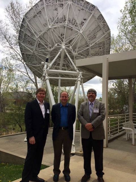 Pictured:Daniel Baker, LASP Director, Congressman Jared Polis, and CU Boulder Distinguished Professor, and Tom Sparn, LASP Senior Professional Researcher.