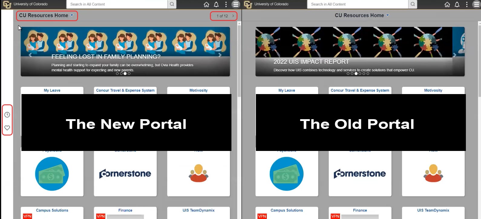 screenshot comparing previous portal design and new design