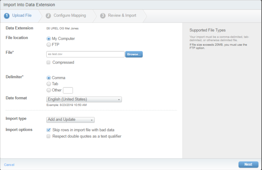 Salesforce Data Extension, Import, Upload File