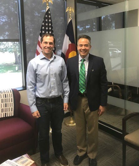 Congressman Jason Crow with Dr. Richard Schulick, Director, CU Cancer Center