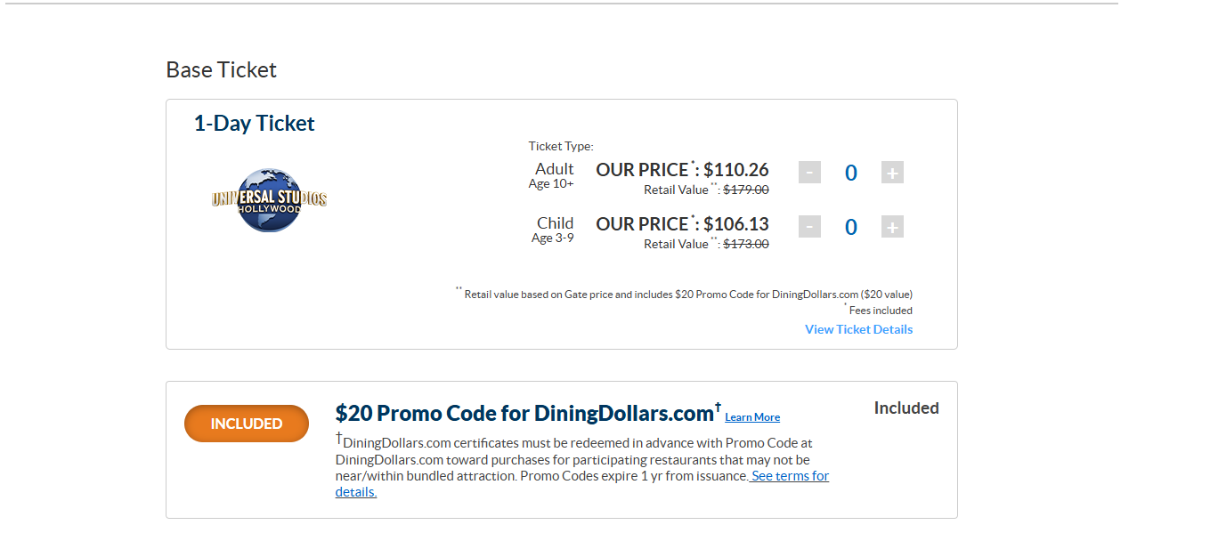 Ticket purchase page highlighting discounted 1-day tickets for Universal Studios Hollywood. Adult tickets are reduced to $110.26 from $179.00 and child tickets to $106.13 from $173.00. The page also advertises an included $20 DiningDollars.com promo code.
