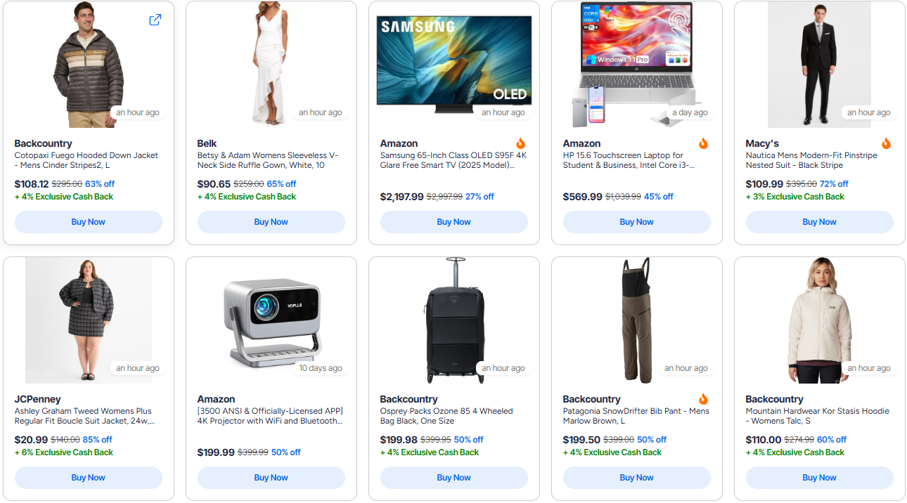 Grid of products with major discounts (up to 85% off) and cash back offers, including clothing, electronics, and accessories, each with a “Buy Now” button.