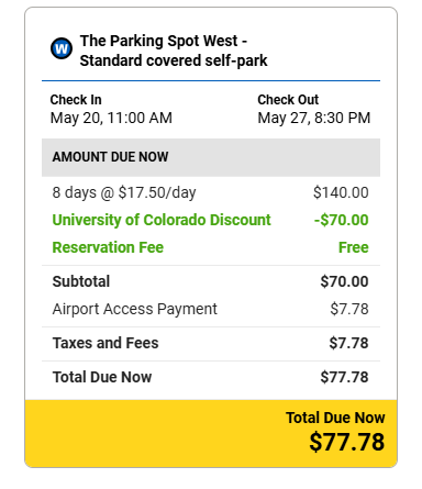 Parking booking summary showing original cost of $140.00 for 8 days, discounted by $70.00 to a total of $77.78 due now.