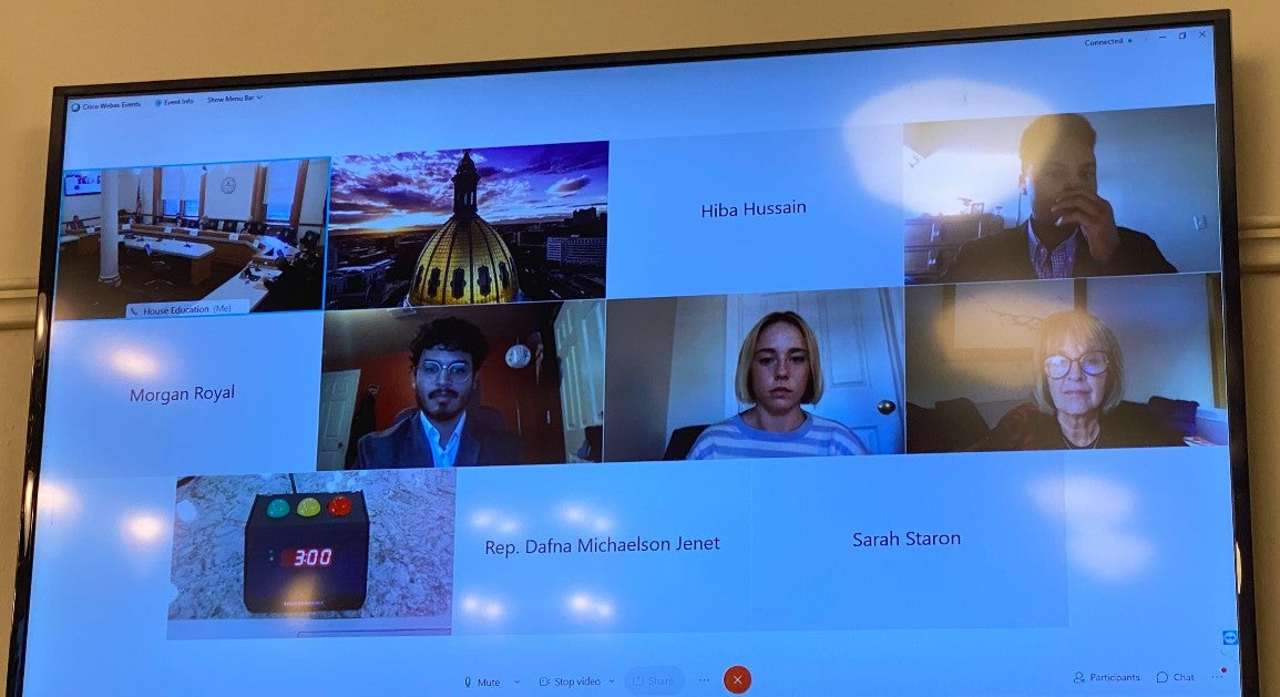 CU students Molly Frommelt, Jesse Alardin Rivera, Eyob Beyene Abai, Hiba Hussain, & Fabian Laguna remotely testify in support of HB21-1067