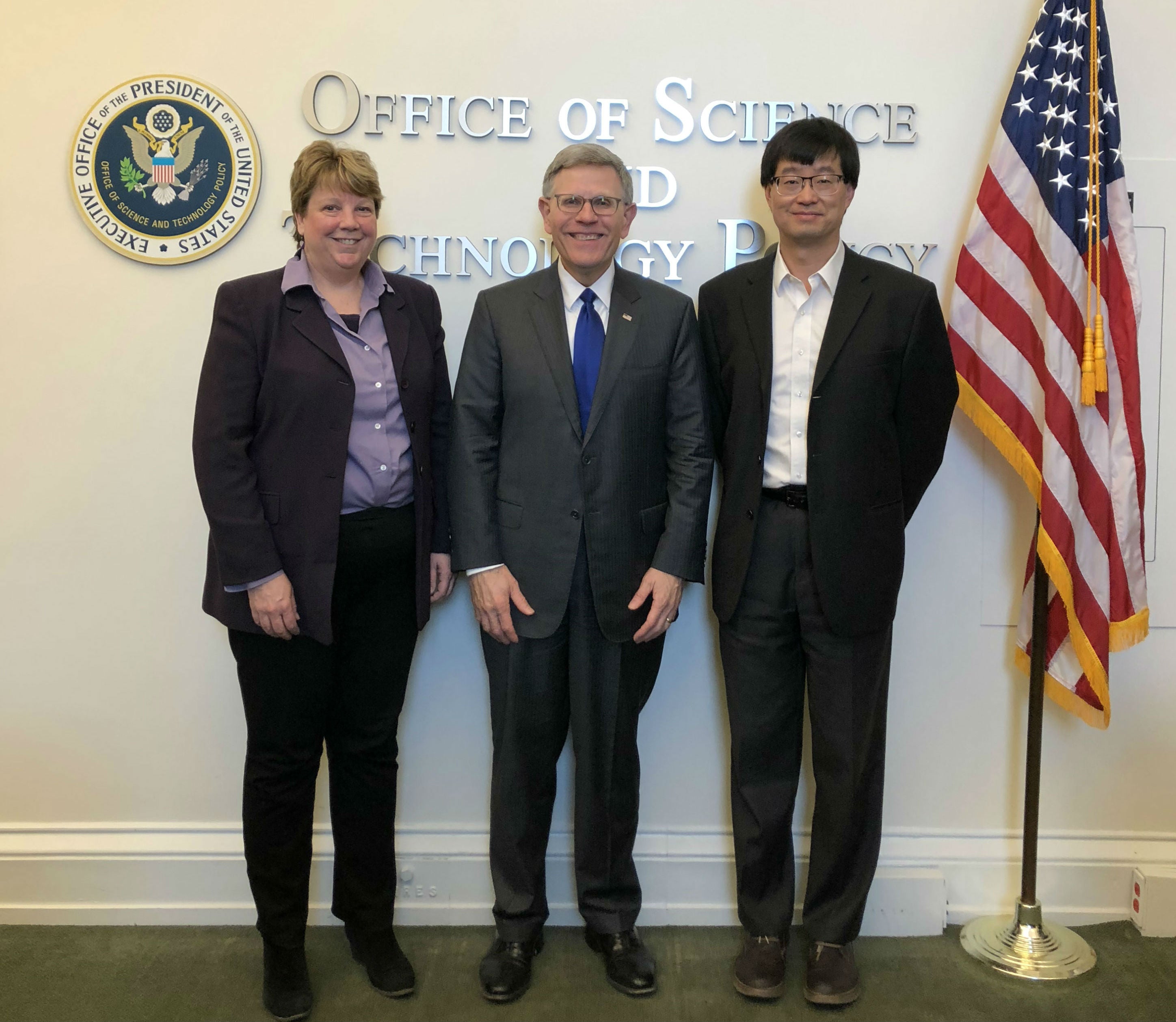 CU Boulder VC for Research & Innovation Terri Fiez; White House OSTP Director Kelvin Droegemeier; and CUbit Quantum Initiative Director Jun Ye