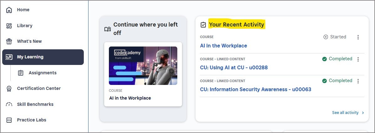 Screenshot of Percipio My Learning and Your Recent Activity