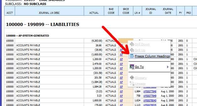 cognos_freeze_column_headings