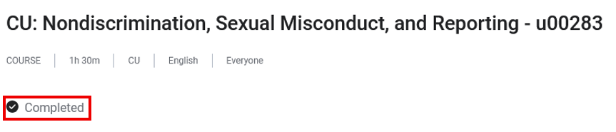 Screenshot of a Skillsoft Percipio course page titled “CU: Nondiscrimination, Sexual Misconduct, and Reporting – u00283” with the status labeled “Completed” and a checkmark icon.