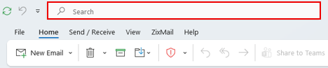 Outlook toolbar with Home tab selected. A search bar at the top is highlighted in red. Toolbar options include New Email, Delete, Move, and Share to Teams.