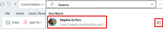 Outlook search results for “Ralphie” showing Ralphie Buffalo’s contact card highlighted in red, including profile picture and email address. A contact card icon is highlighted on the right side.