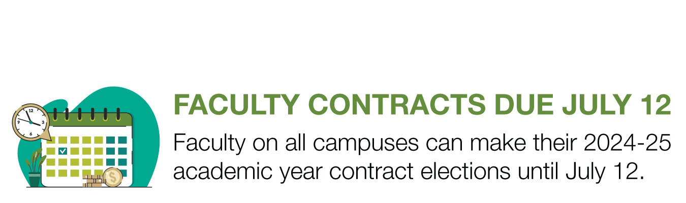 FACULTY CONTRACTS DUE JULY 12. Faculty on all campuses can make their 2024-25 academic year contract elections until July 12.