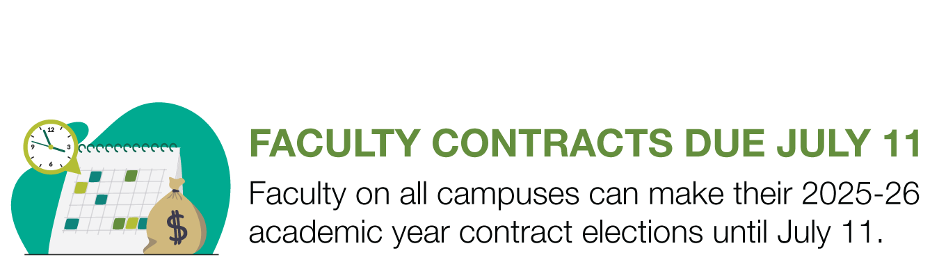 FACULTY CONTRACTS DUE JULY 11. Faculty on all campuses can make their 2025-26 academic year contract elections until July 11.