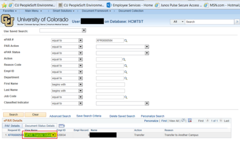 Screenshot of ePAR Transfer page with with View Name dropdown menu highlighted.