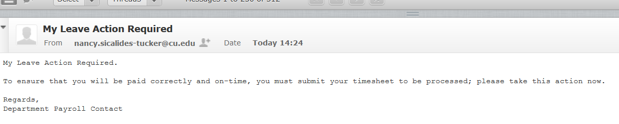This photo shows a sample of the emails sent to employees with outstanding timesheets.
