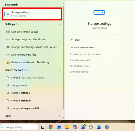 Windows search results showing “Storage settings” highlighted under System settings, with related options like Manage Storage Spaces, Delete temporary files and Storage usage listed below, and a preview panel on the right displaying Storage settings optio
