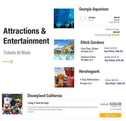 A screenshot of the discounts provided by Tickets At Work at a variety of theme parks and attractions.