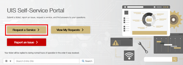 UIS Self-Service Portal interface with buttons for requesting service, viewing requests, and reporting issues, set against a tech-themed background.