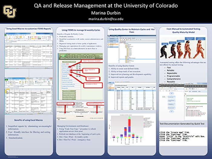 UIS's Marina Durbin quality assurance testing proven practice poster being presented at the 2015 InfoEd User Group Meeting.