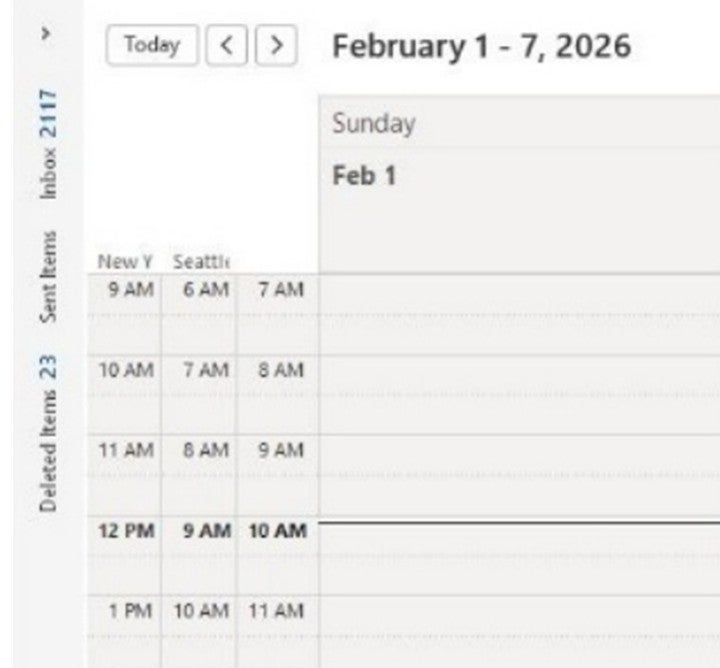 Outlook weekly calendar showing multiple time zones side by side for February 1–7, 2026.