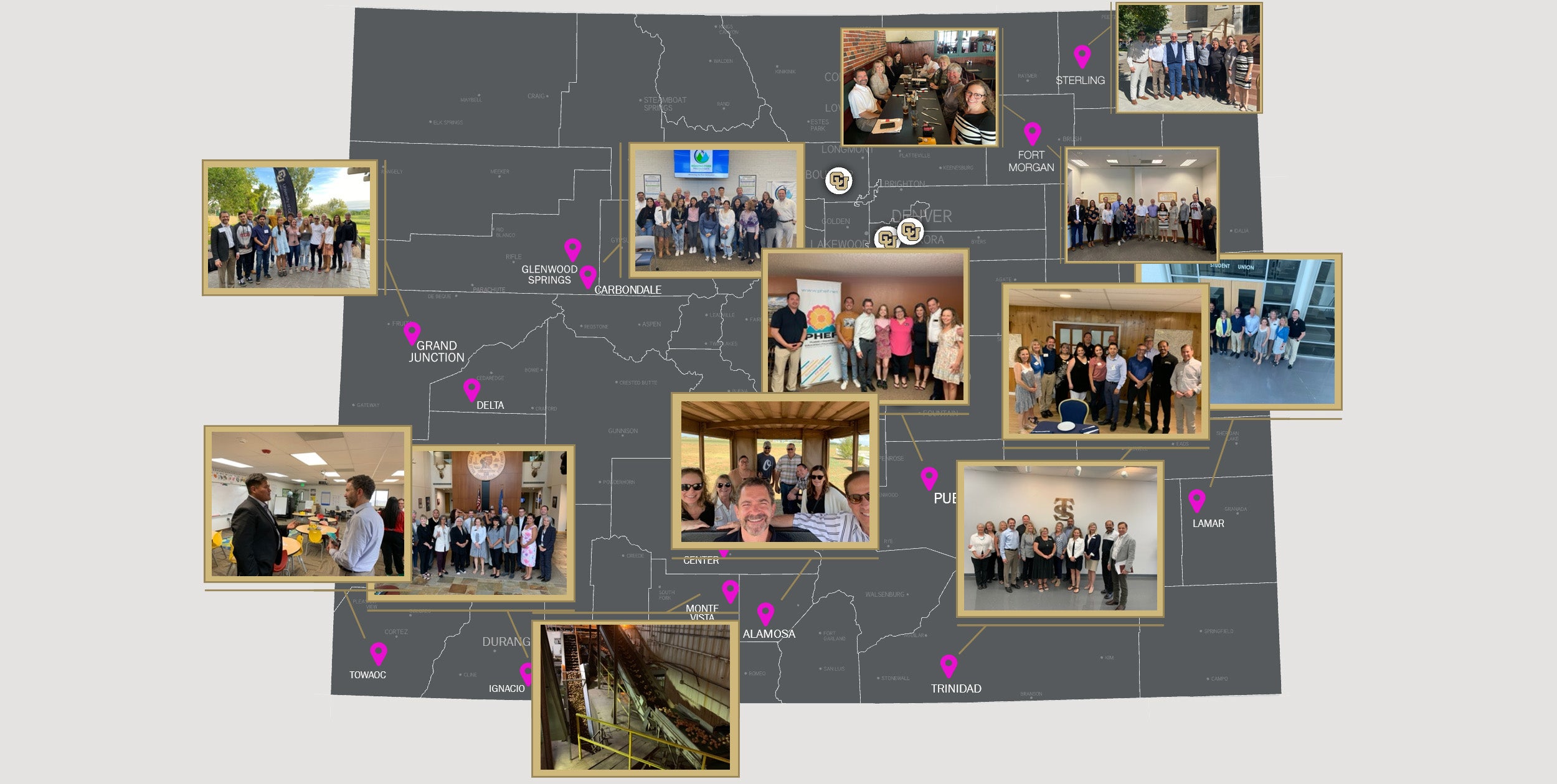 Graphic of the State of Colorado with inset photos of CU Leadership visits