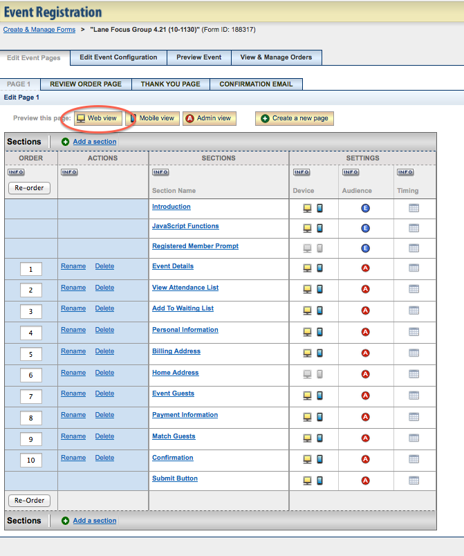 Event registration, web view