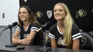 CU Boulder alumnae Jenny Simpson, left, and Emma Coburn