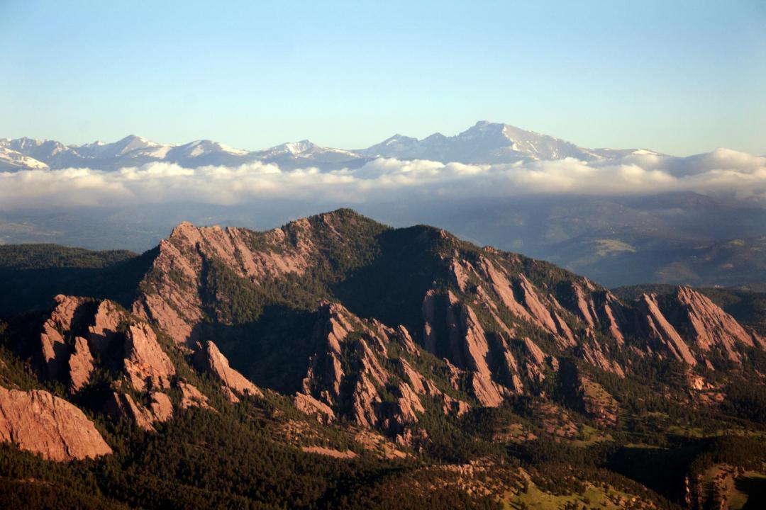Aerial photo of the Flatiron rock formation near Boulder.