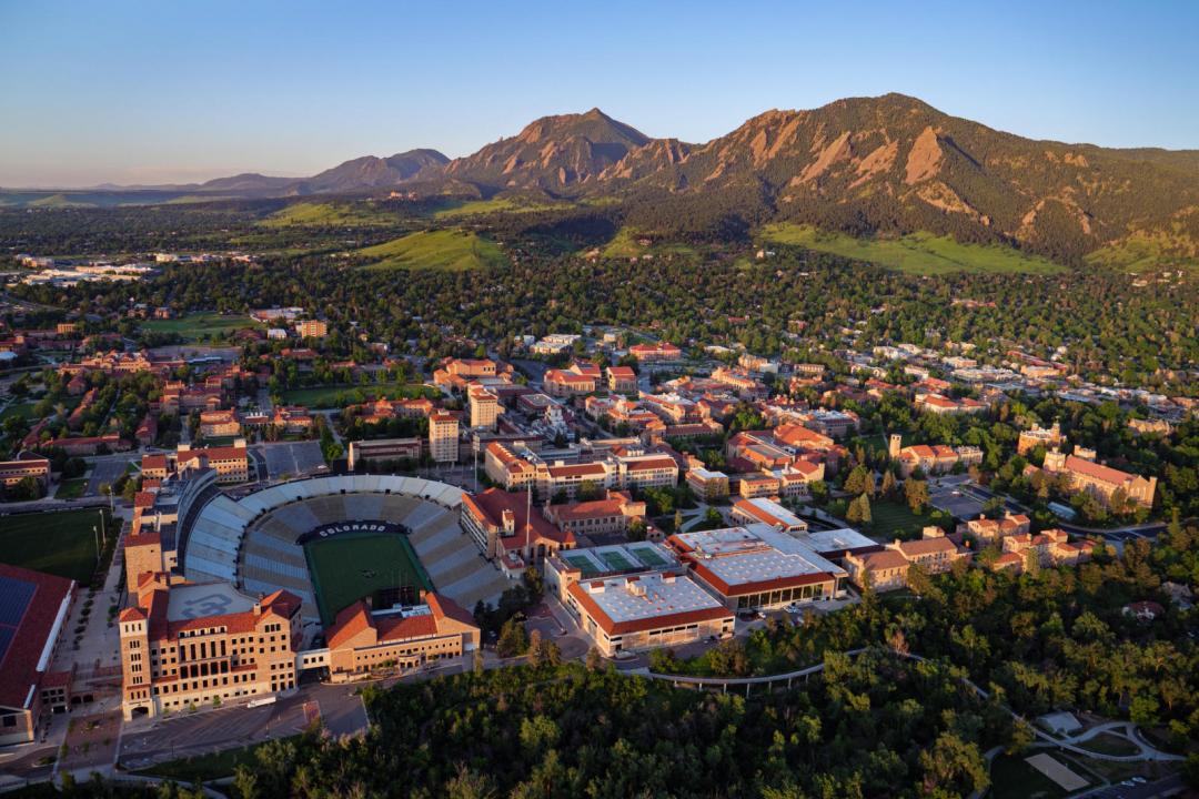Aerial shot of the CU Boulder campus.