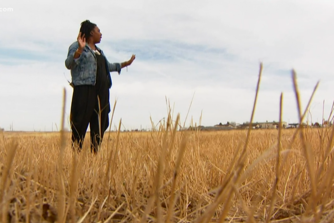 A still frame of Dianne Myles standing in the open space for the proposed development.
