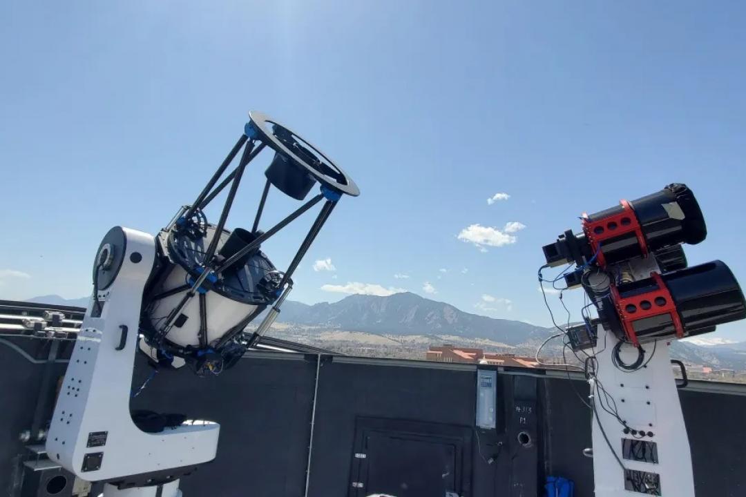 A telescope on top of the Ann and H.J. Smead Department of Aerospace Engineering Sciences at the University of Colorado Boulder that is used by researchers as part of an ongoing project for the Air Force Research Laboratory.