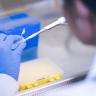 Photo of a blue gloved hand holding a test tube with a pipette inserted.