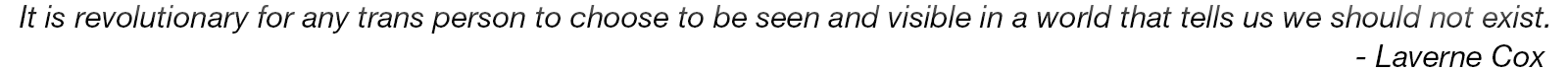 Quote: It is revolutionary for any trans person to choose to be seen and visible in a world that tells us we should not exist. - Laverne Cox